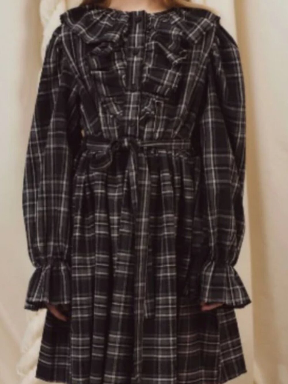Unlabel Erena Girls Dress Dark Grey Checked with Belt and Ruffle